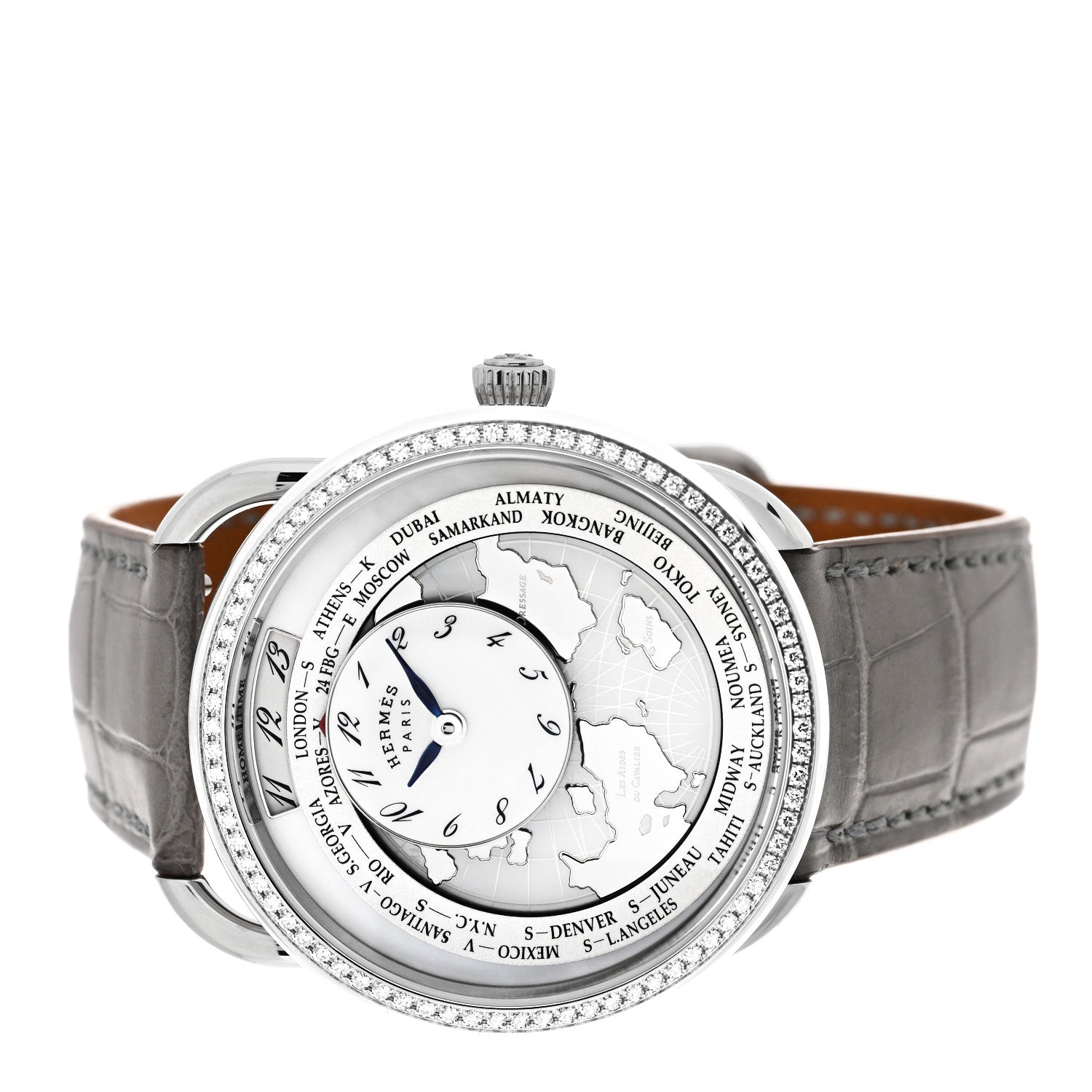 Hermes Stainless Steel Alligator Diamond Bezel Mother of Pearl 38mm Arceau Le Temps Voyageur Automatic Watch Gris Perle 2 of 5