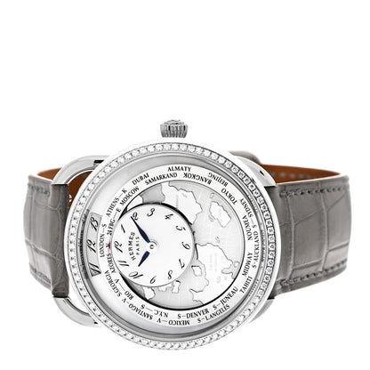 Hermes Stainless Steel Alligator Diamond Bezel Mother of Pearl 38mm Arceau Le Temps Voyageur Automatic Watch Gris Perle 2 of 5
