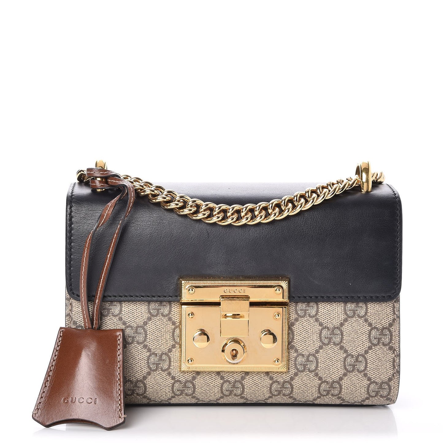GG Supreme Monogram Calfskin Small Padlock Shoulder Bag Beige Black Cuir