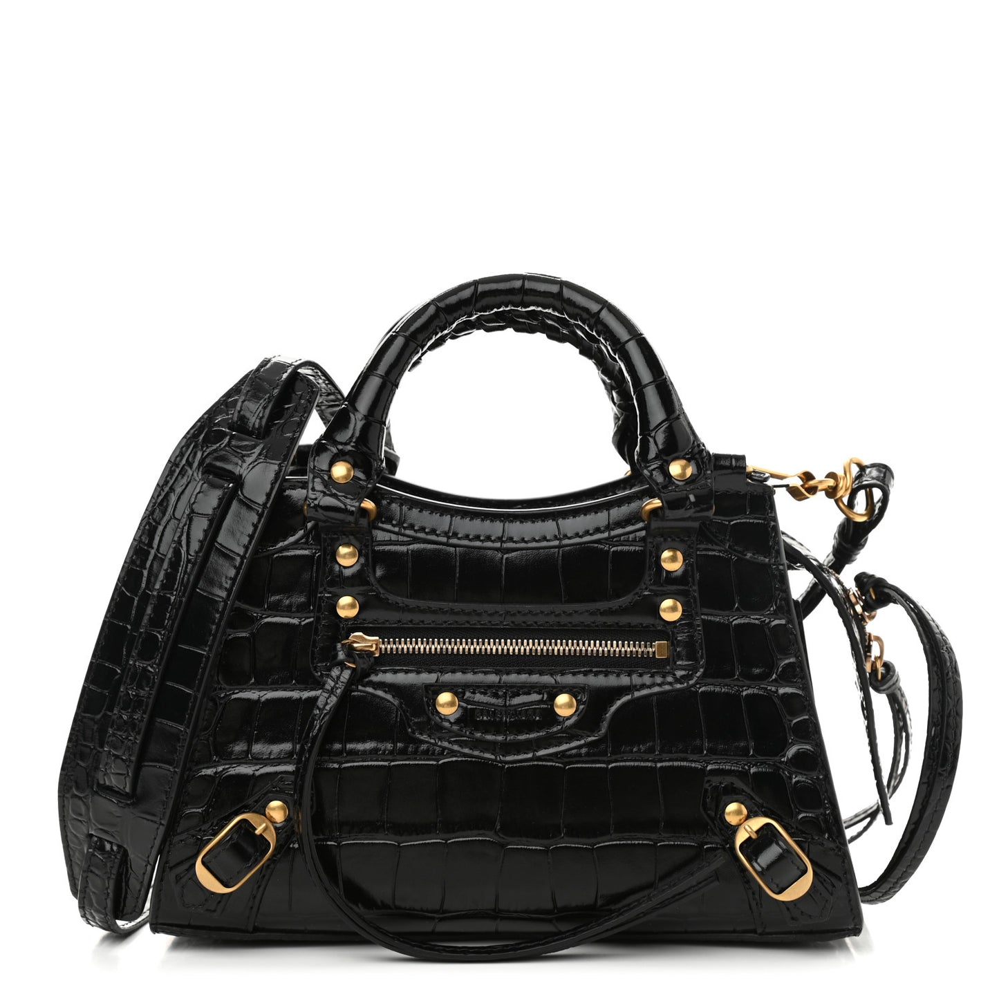 Shiny Supple Calfskin Crocodile Embossed Neo Classic Gold Hardware Mini City Black