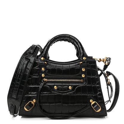 Balenciaga Shiny Supple Calfskin Crocodile Embossed Neo Classic Gold Hardware Mini City Black 1 of 8