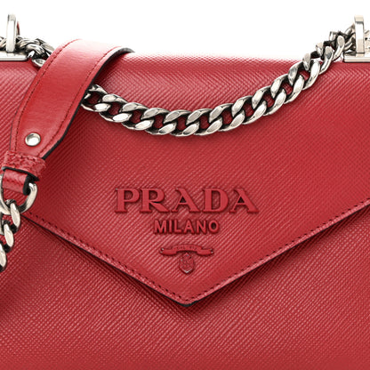 Prada Saffiano Cuir Calfskin Monochrome Envelope Flap Chain Shoulder Bag Fuoco 7 of 9