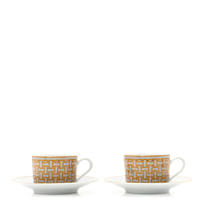 Hermes Porcelain Mosaique Au 24 Gold Tea Cup And Saucer Set Of 2 1 of 9