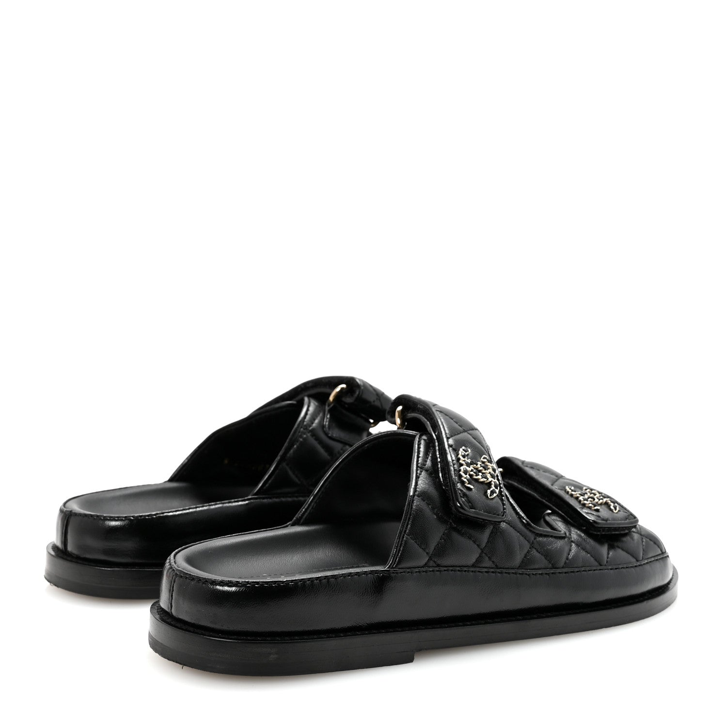 Chanel Lambskin Quilted Velcro Dad Chain CC Slide Sandals 36.5 Black 5 of 7