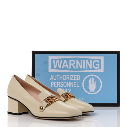Gucci Malaga Kid Sylvie Web Chain Mid Heel Loafers 37 Vintage White 8 of 8