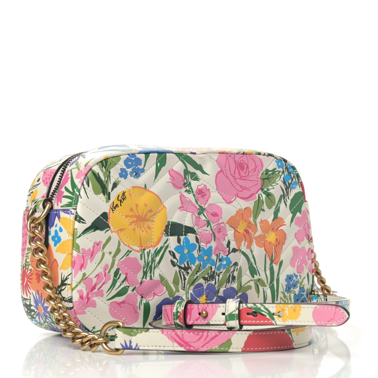 X KEN SCOTT Calfskin Matelasse Floral Print Small GG Marmont Chain Shoulder Bag Ivory Pink