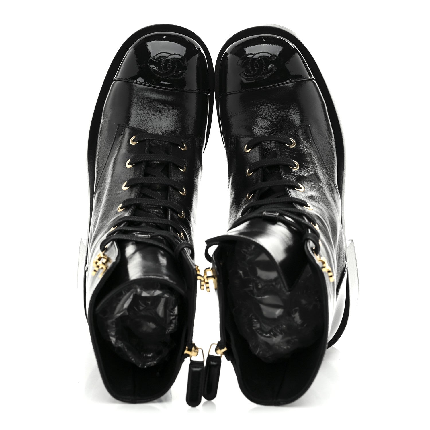 Chanel Shiny Calfskin Patent Cap Toe Lace Up Combat Boots 39 Black 2 of 9