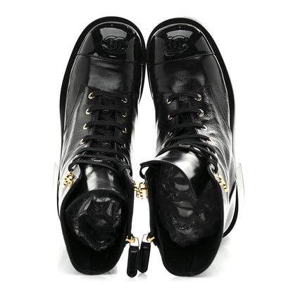 Chanel Shiny Calfskin Patent Cap Toe Lace Up Combat Boots 39 Black 2 of 9