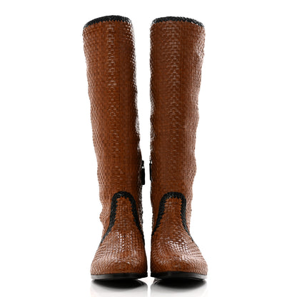Prada Woven Calfskin Bicolor Tall Boots 40 Caramel Black 2 of 10