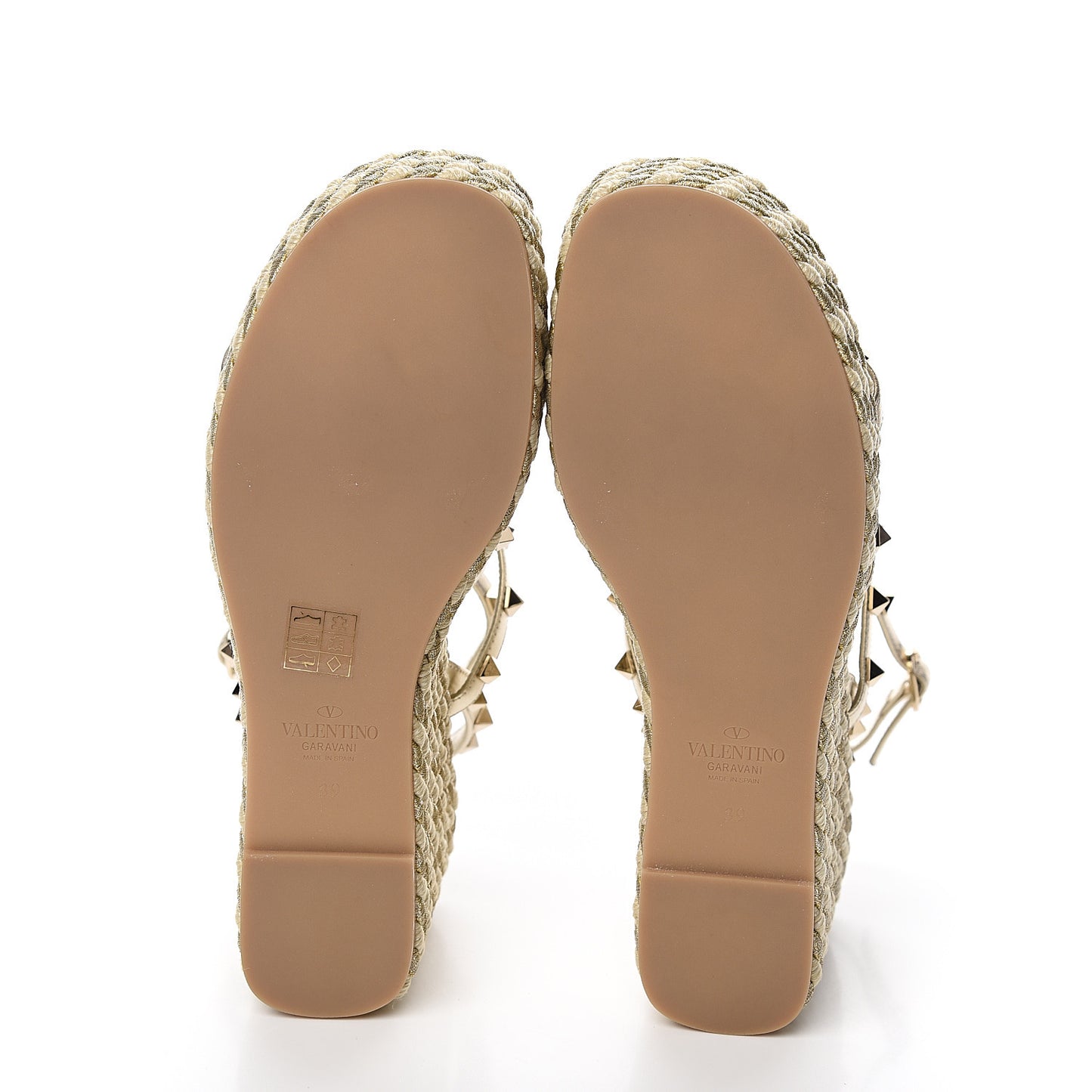 Metallic Nappa Rockstud Ankle Strap Torchon Espadrille Caged 25/95mm Wedge Sandals 39 Platino