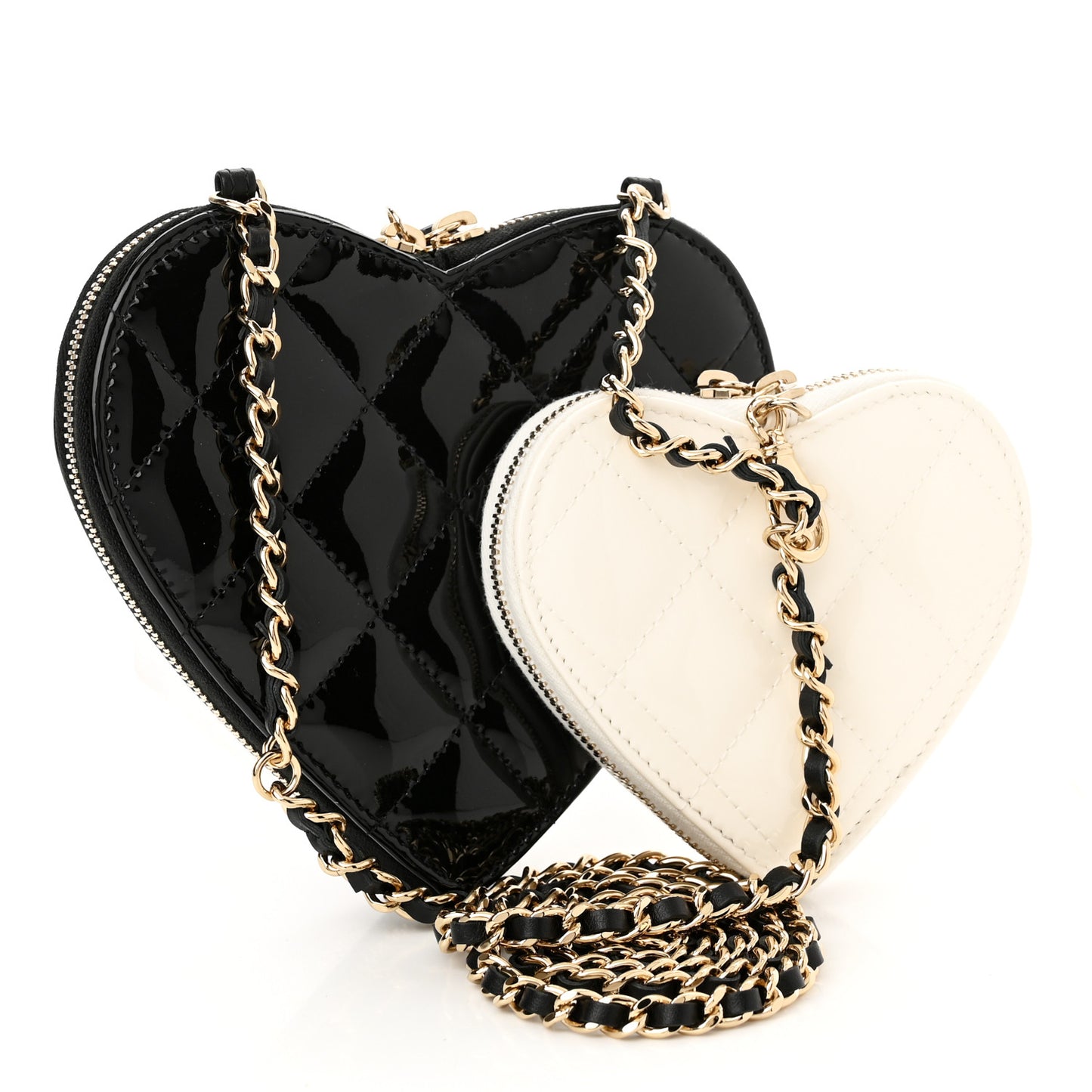 Patent Calfskin Resin Quilted CC Heart Clutch With Chain Black