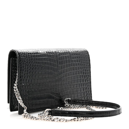 Saint Laurent Calfskin Crocodile Embossed Kate Monogram Tassel Chain Wallet Black 3 of 9