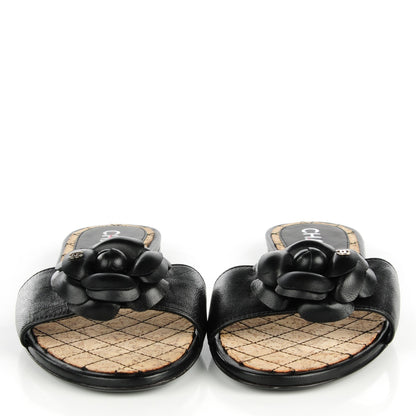 Chanel Lambskin Camellia Sandals 37 Black 2 of 9