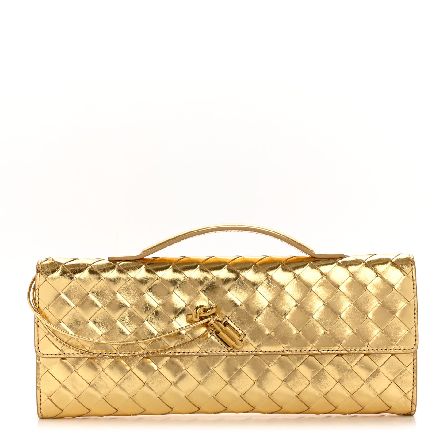 Metallic Lambskin Intrecciato Long Andiamo Top Handle Clutch Gold