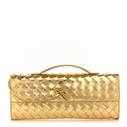 Bottega Veneta Metallic Lambskin Intrecciato Long Andiamo Top Handle Clutch Gold 1 of 12