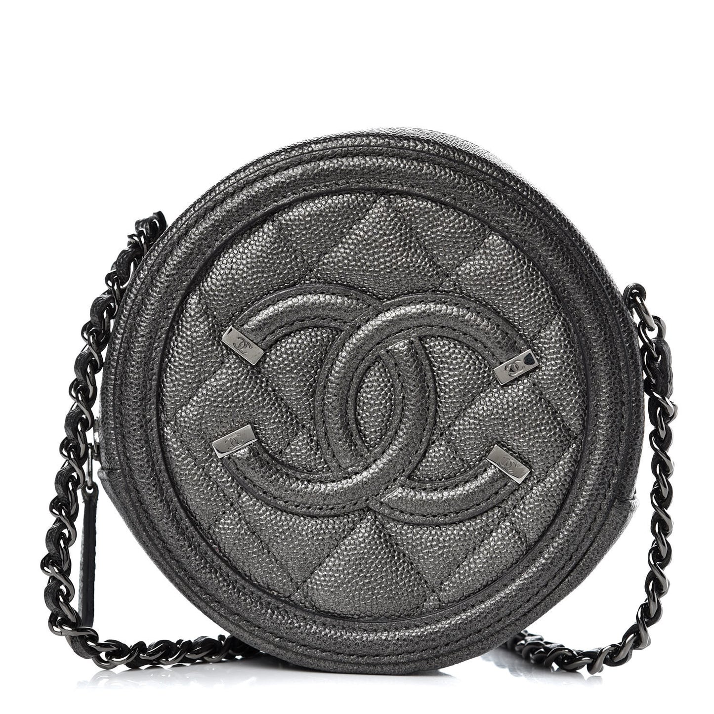Metallic Caviar Quilted Round Filigree Crossbody Dark Silver