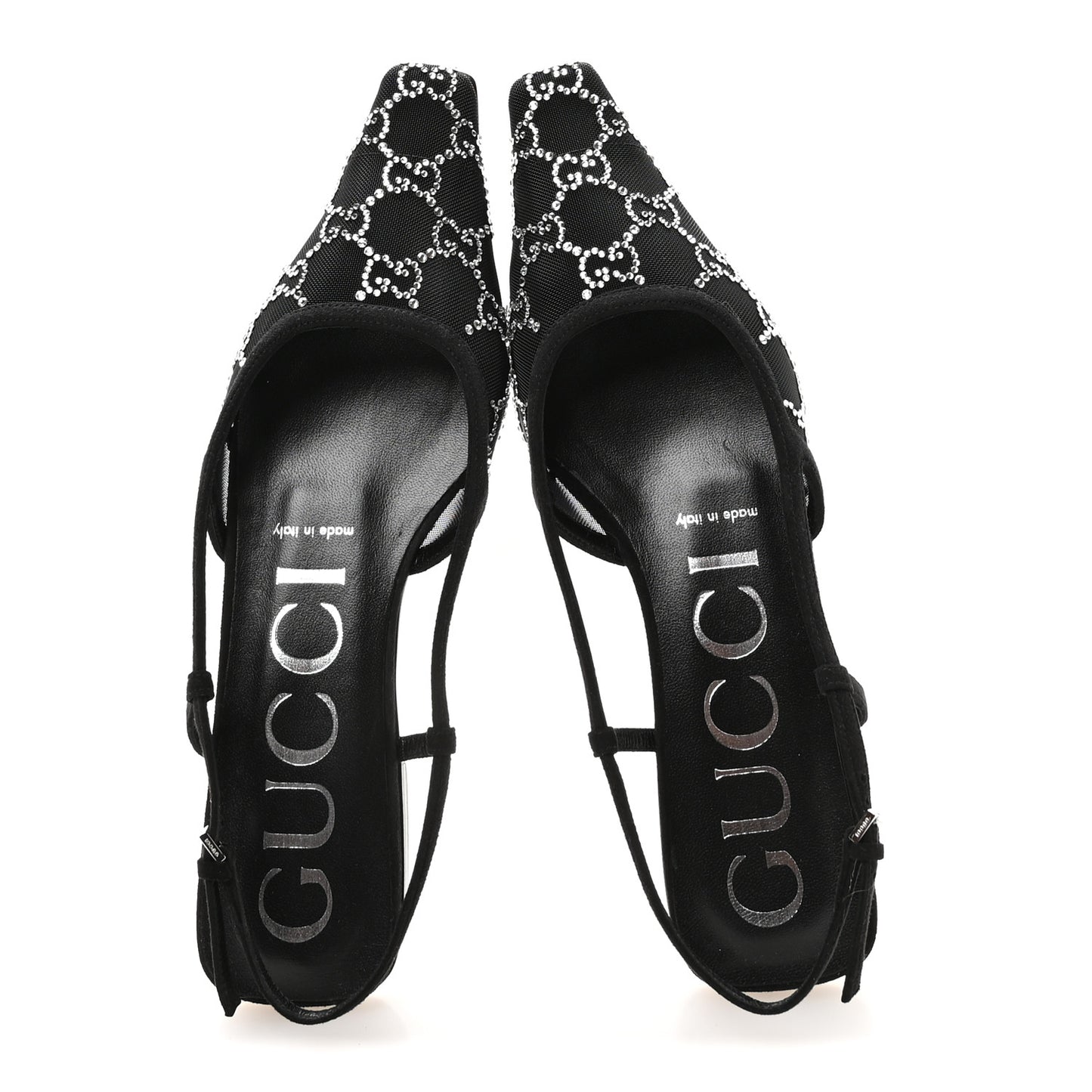 Tela Retino Kid Scamosciato Crystal GG Monogram Square G Slingback Flat 37 Black