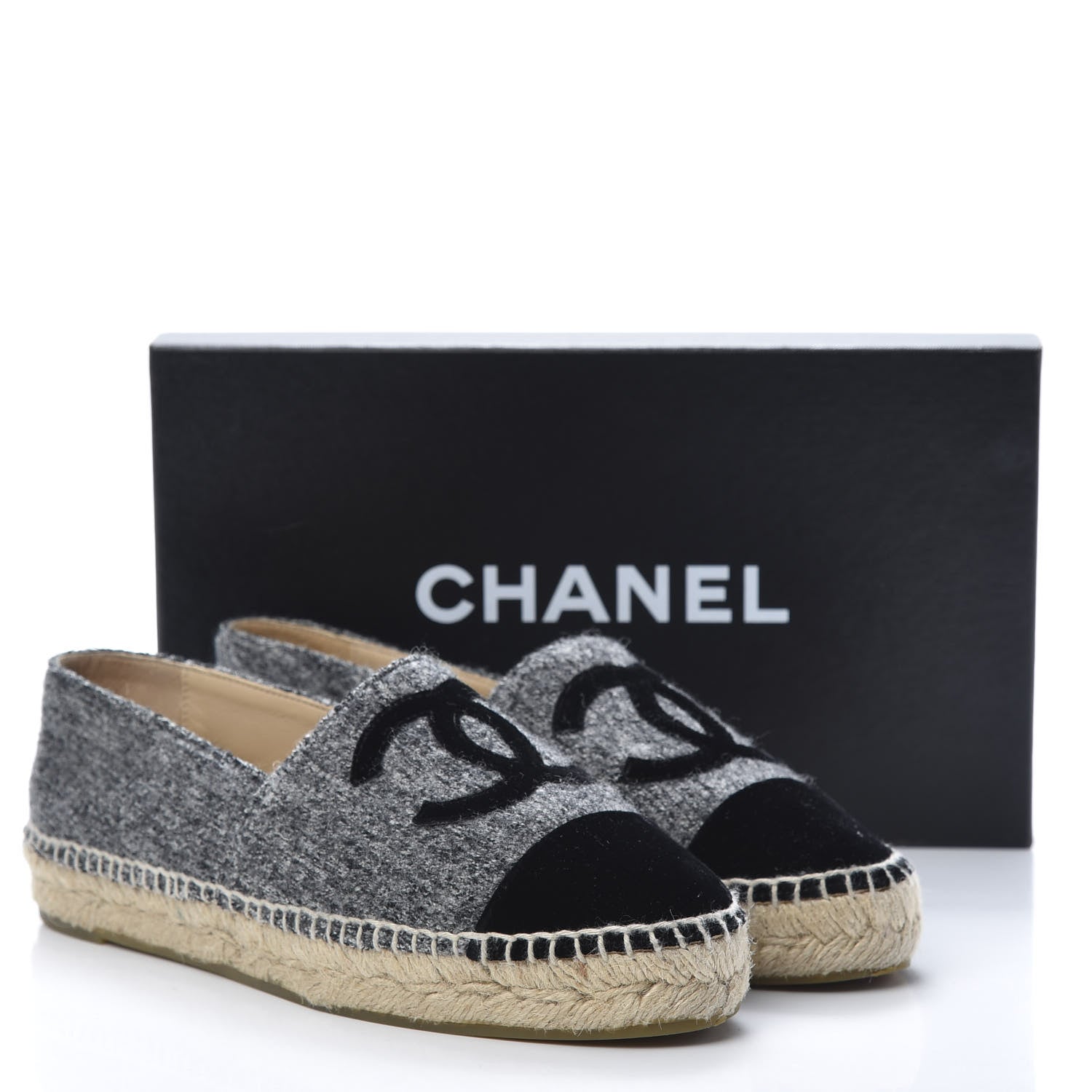 Chanel Tweed Velvet CC Espadrilles 38 Grey Black 10 of 11