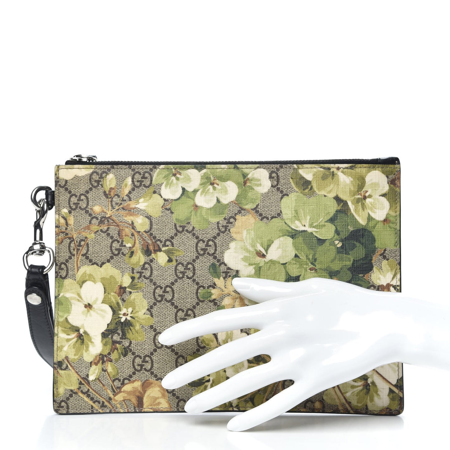 GG Supreme Monogram Blooms Small Zip Wristlet Pouch Beige New Military Black