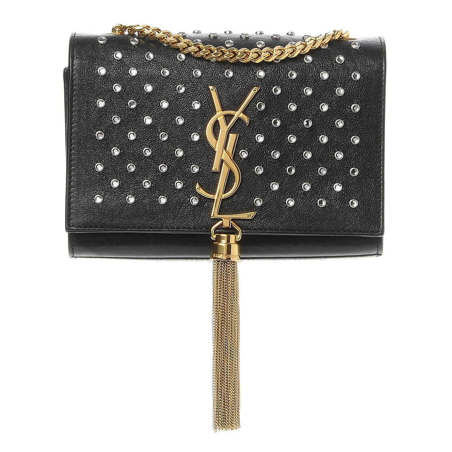 Calfskin Crystal Studded Small Classic Monogram Kate Tassel Satchel Black