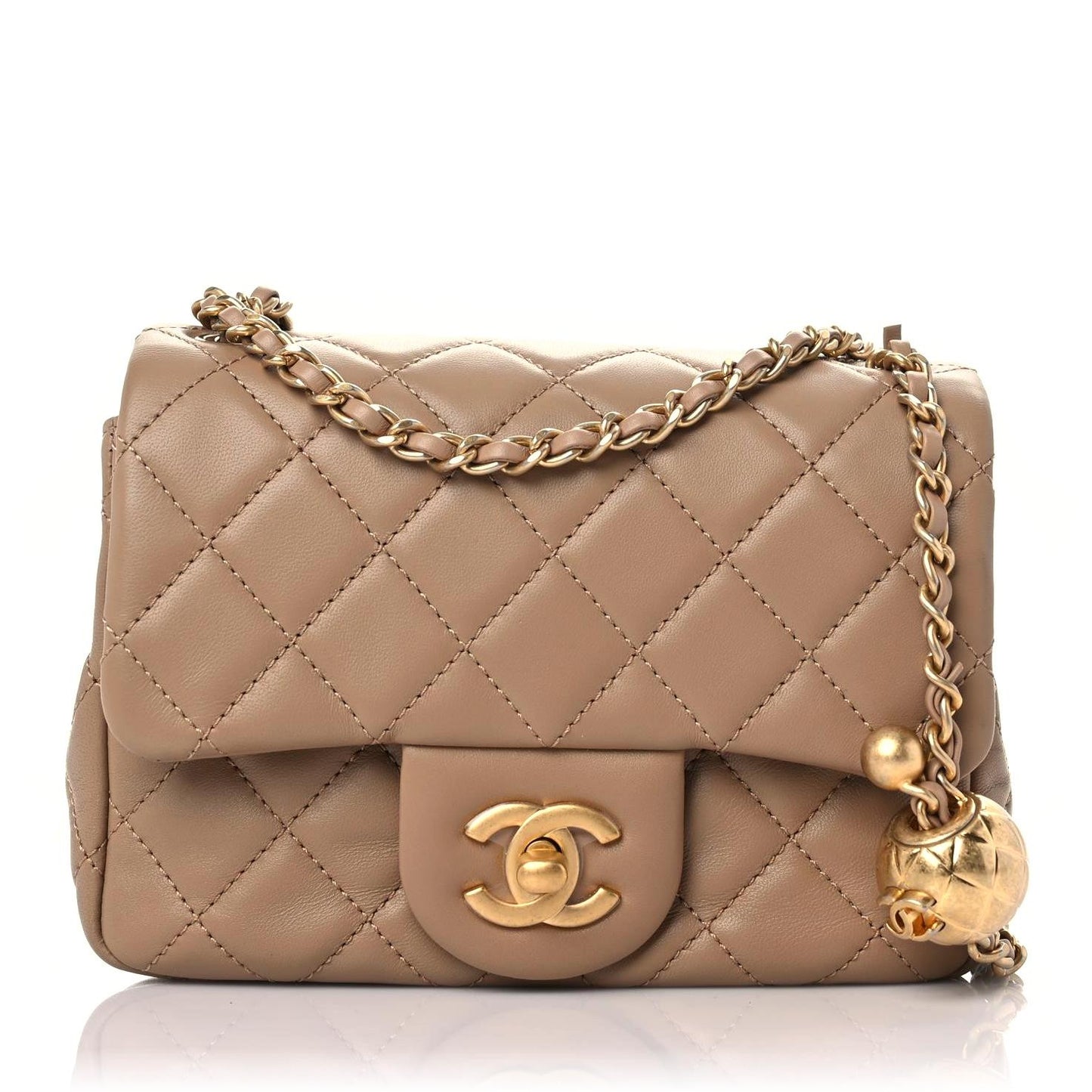 Lambskin Quilted Mini Pearl Crush Flap Beige