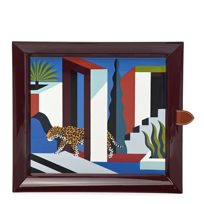 Hermes Lacquered Wood Taurillon Clemence Jaguar Dans Un Jardin Mexicain Tray Lie De Vin 1 of 5