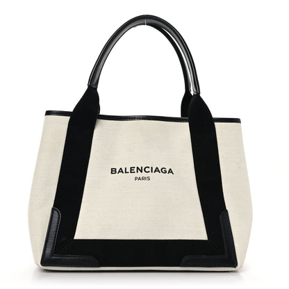 Balenciaga Cotton Canvas Satin Calfskin S Navy Cabas Natural Black 1 of 12