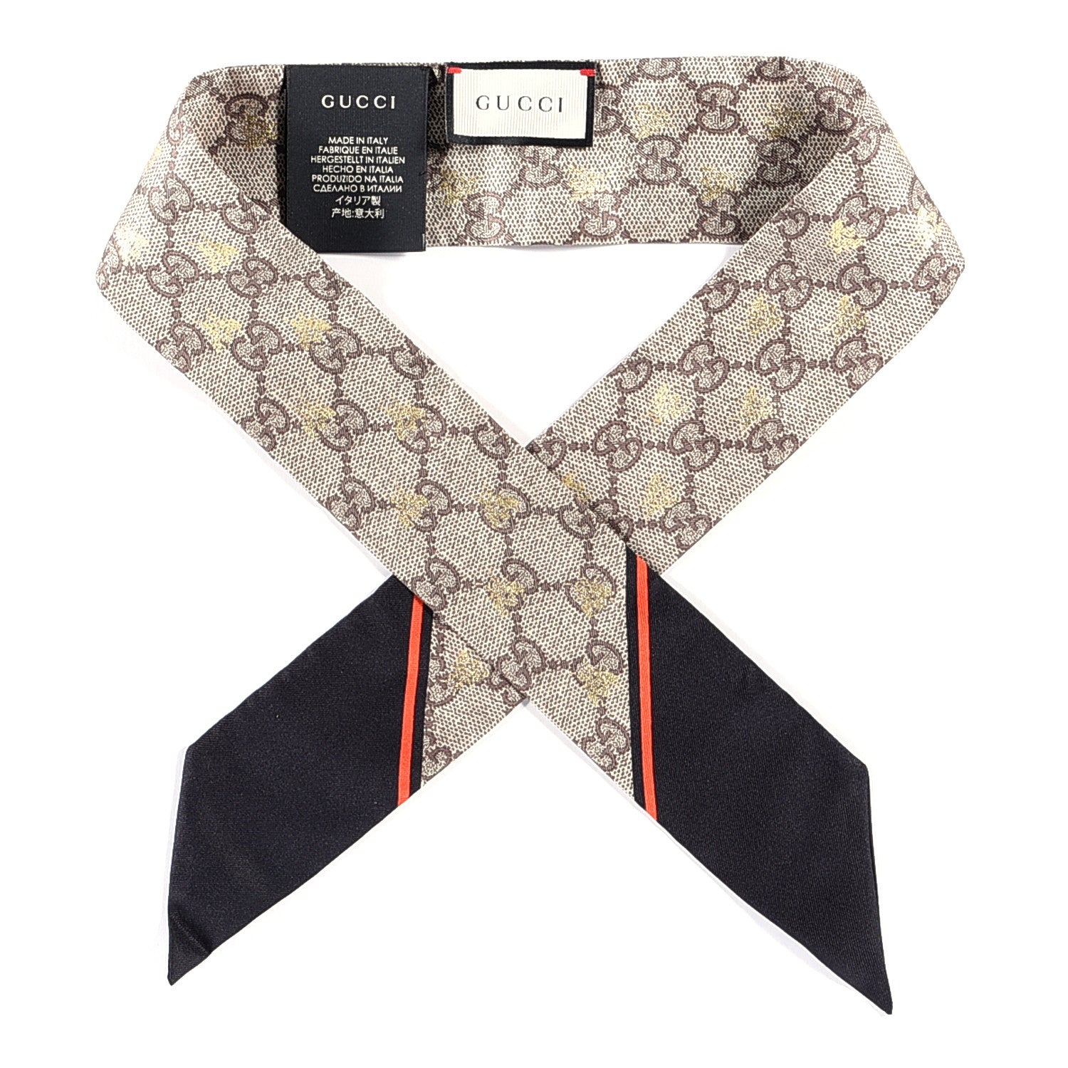 Gucci Silk Twill GG Monogram GG Bee Neck Bow Scarf Black Red 1 of 3