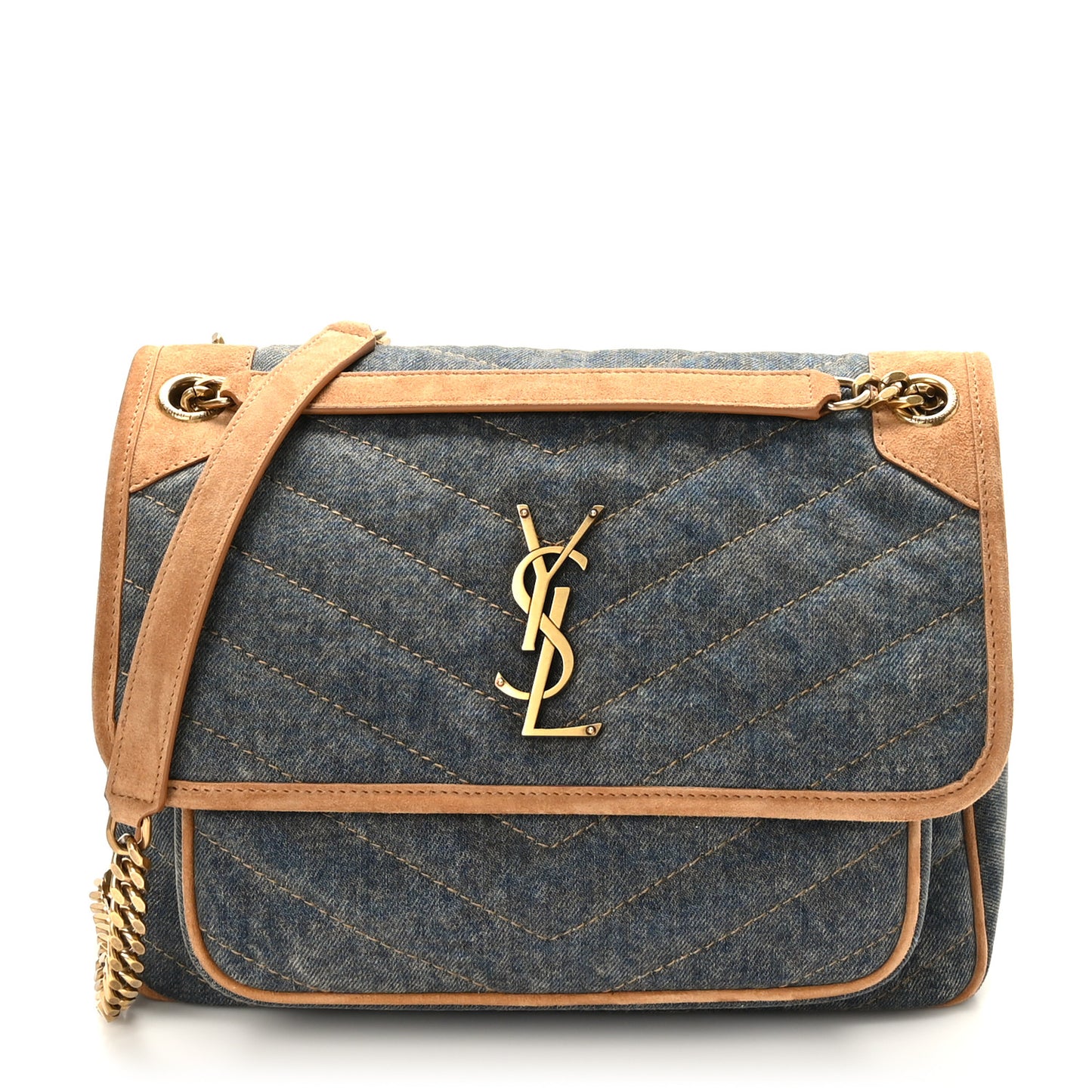Denim Suede Monogram Medium Niki Chain Satchel Blue Cinnamon