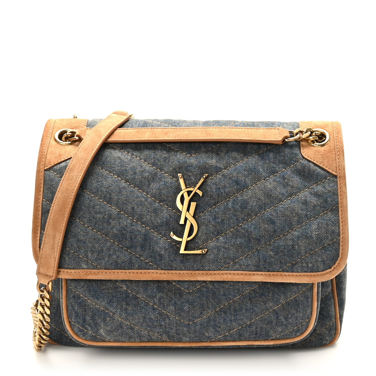 Saint Laurent Denim Suede Monogram Medium Niki Chain Satchel Blue Cinnamon 1 of 8