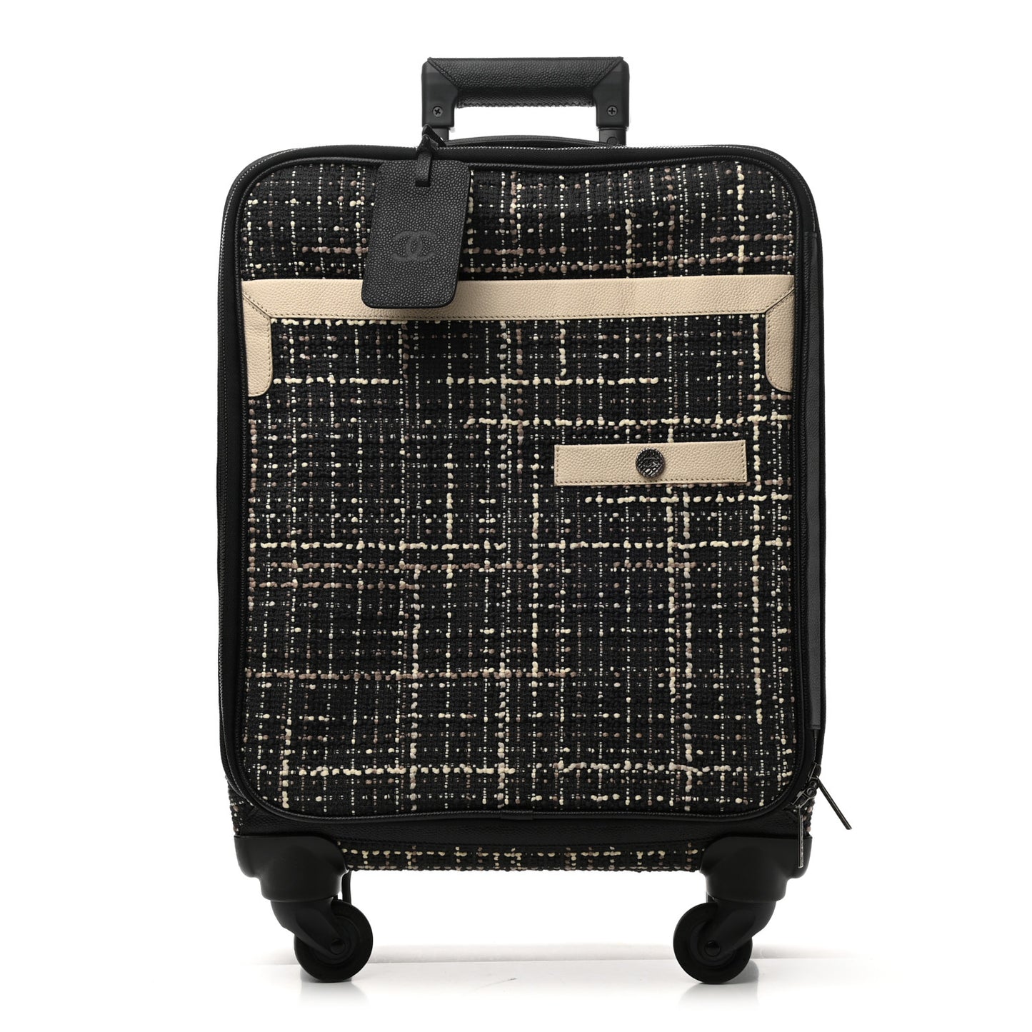 Tweed Calfskin Quilted Coco Case Trolley Rolling Luggage Black