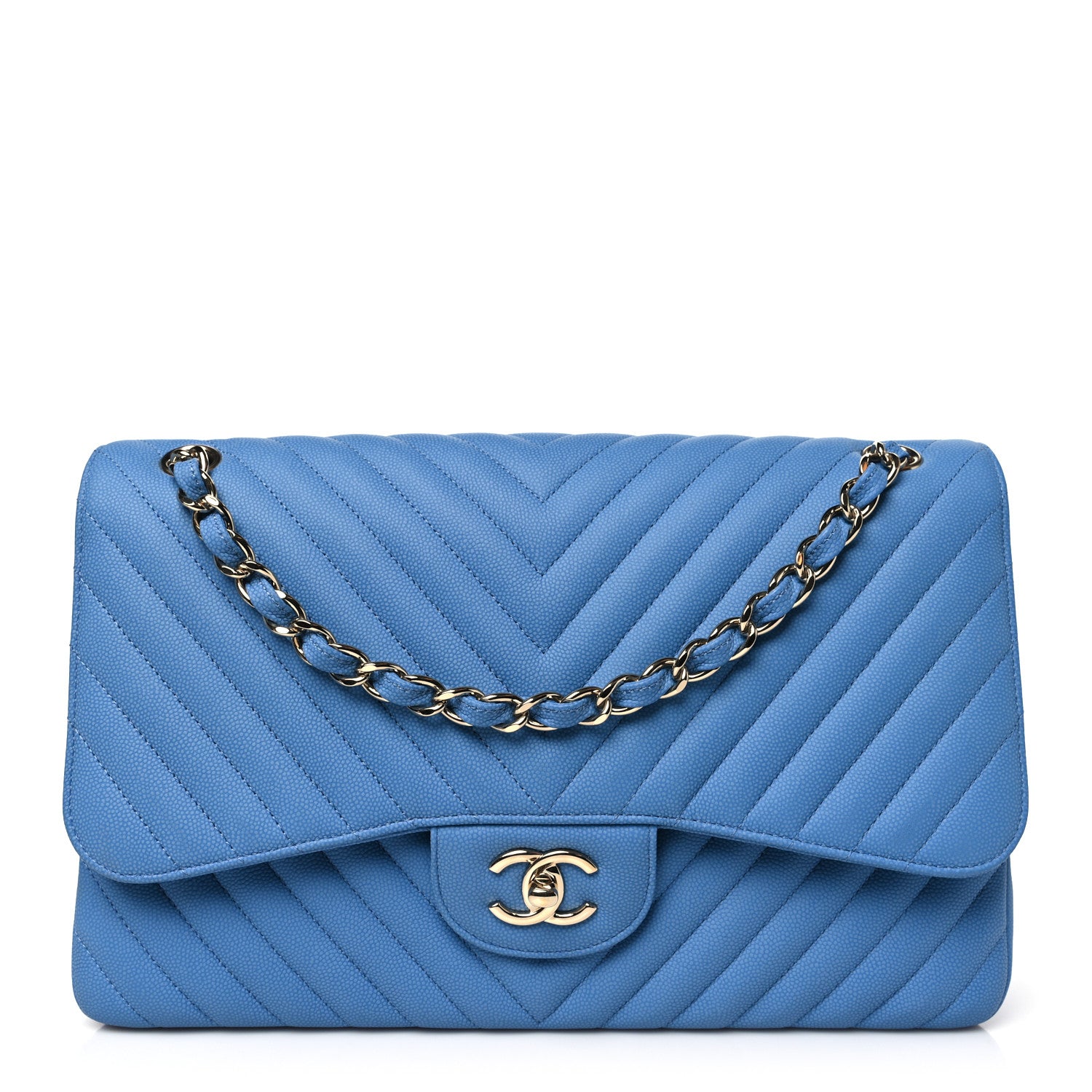 Chanel Caviar Flat Chevron Quilted Jumbo Double Flap Blue 1 of 11