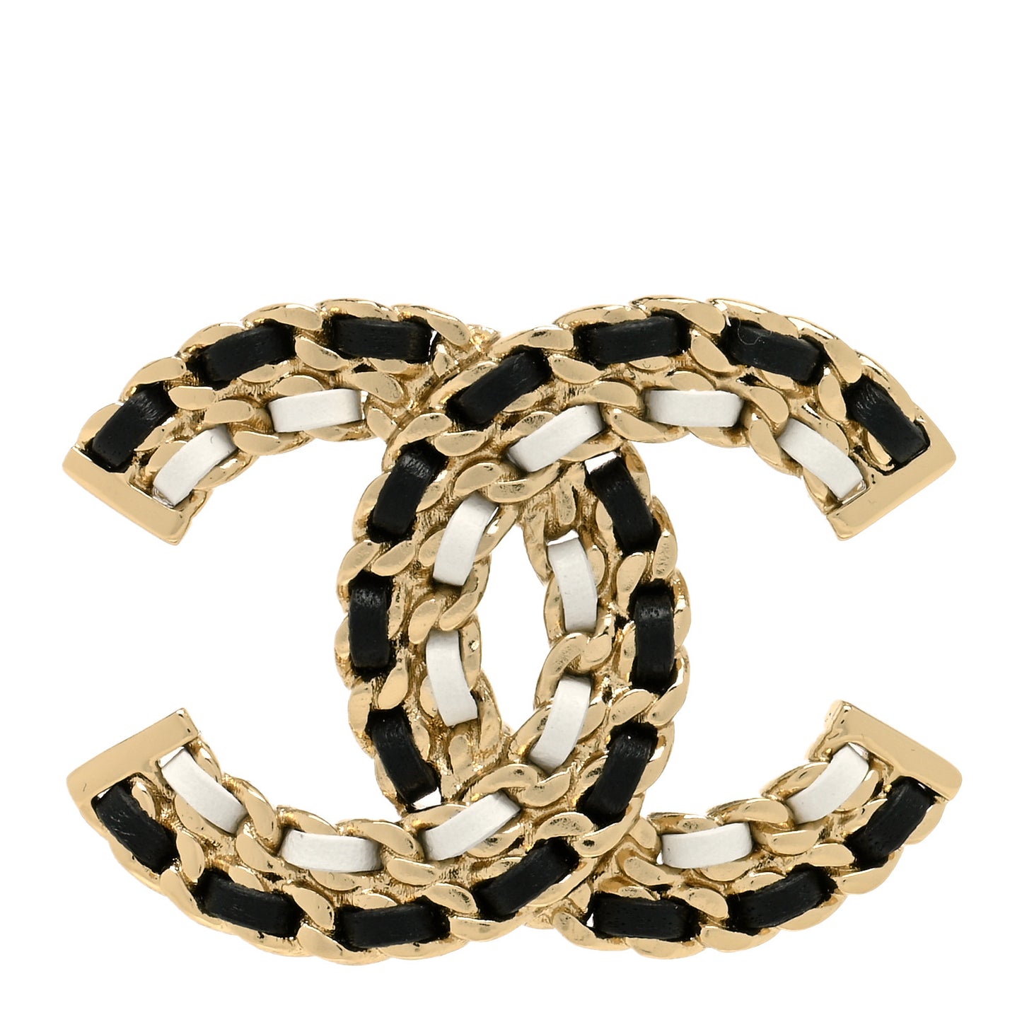 Lambskin Chain CC Brooch Black White Gold