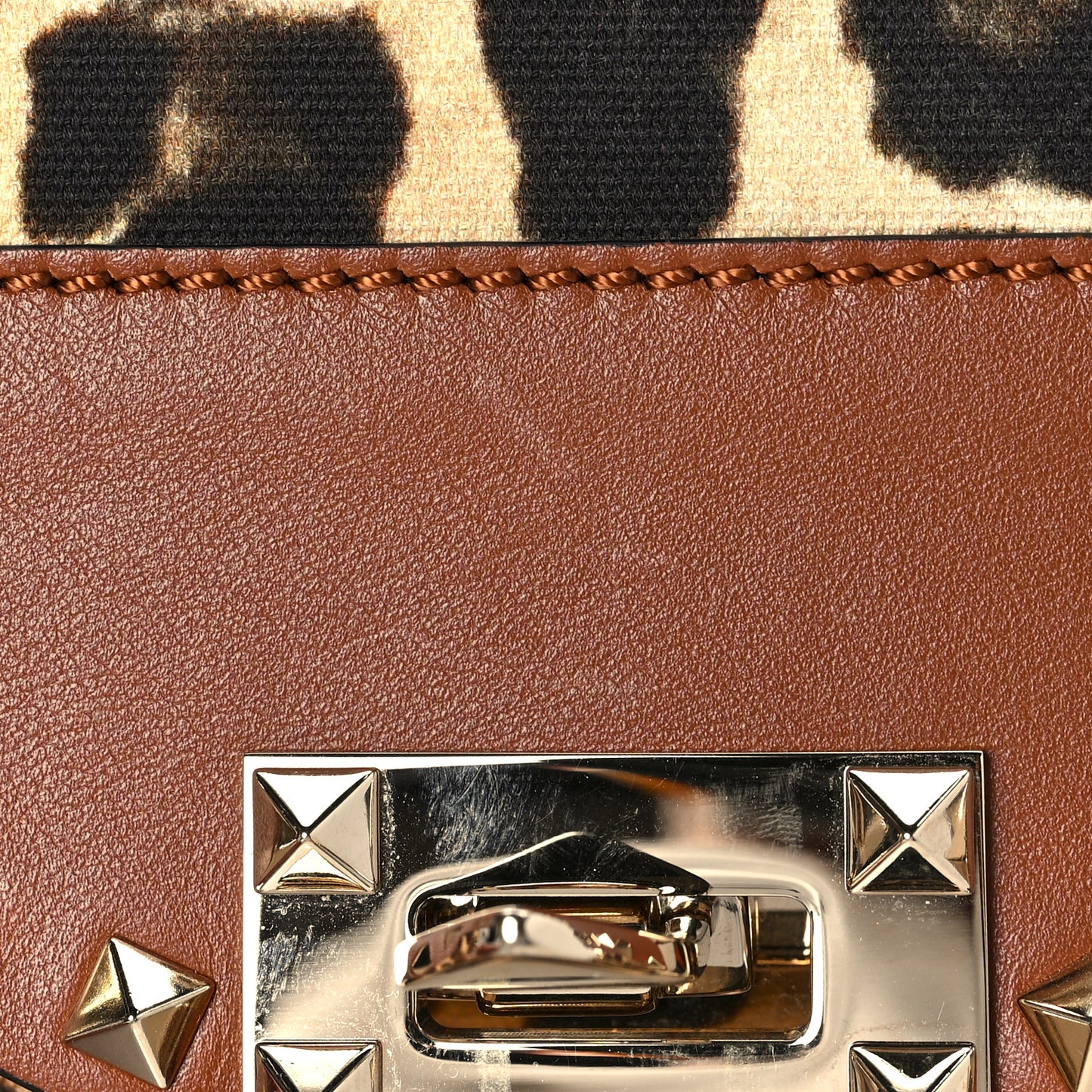 Calfskin Canvas Leopard Print Medium Rockstud Flip Lock Crossbody Bag Tan
