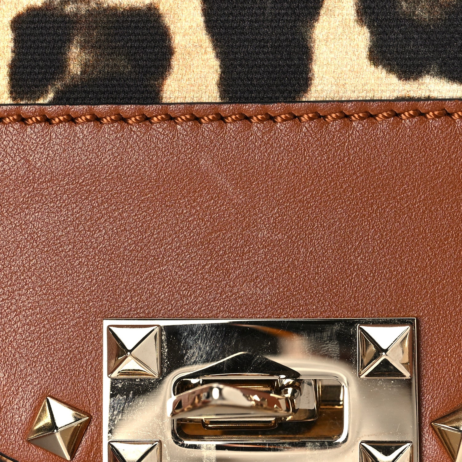 Valentino Garavani Calfskin Canvas Leopard Print Medium Rockstud Flip Lock Crossbody Bag Tan 8 of 8