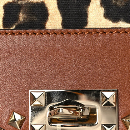 Valentino Garavani Calfskin Canvas Leopard Print Medium Rockstud Flip Lock Crossbody Bag Tan 8 of 8