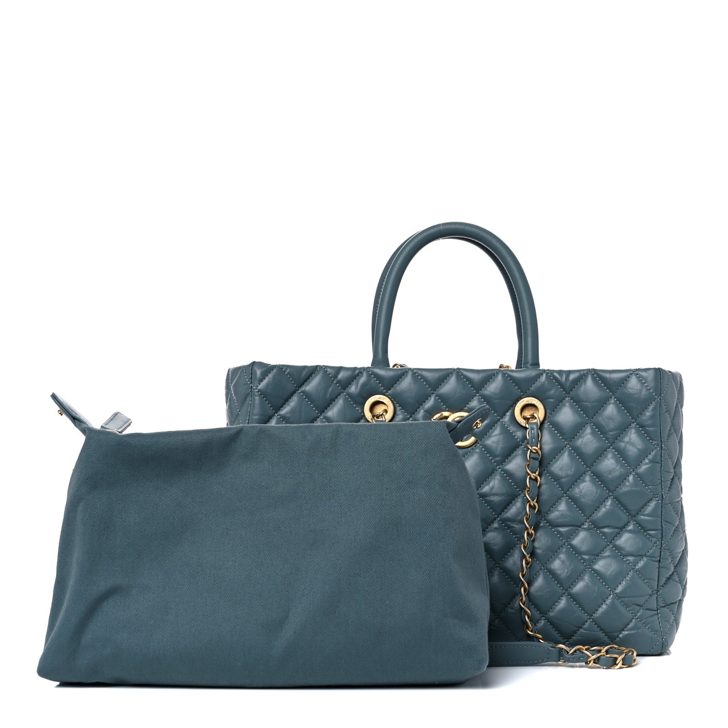 Aged Calfskin Quilted Large Coco Handle Shopping Tote Blue
