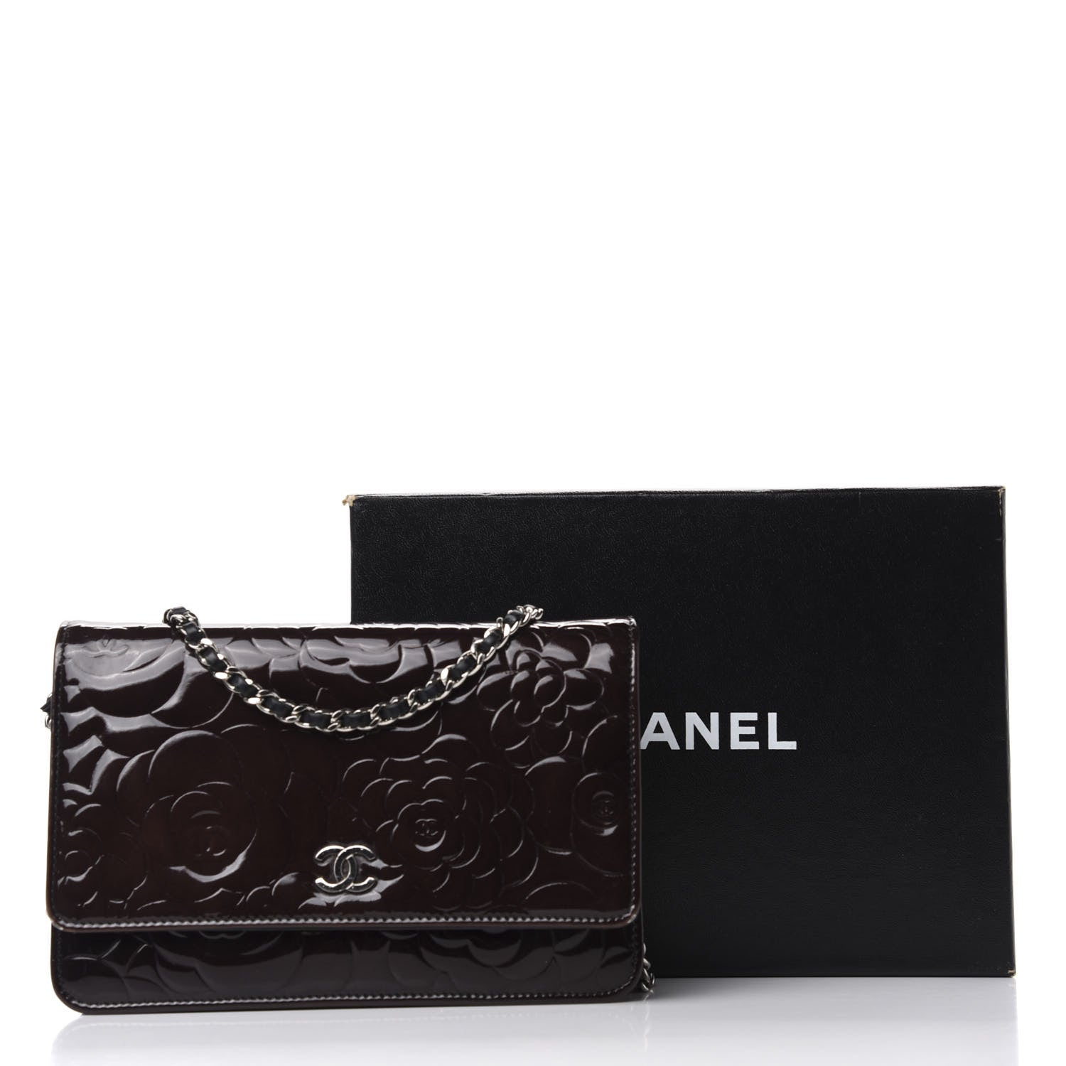 Chanel Patent Camellia Embossed Wallet On Chain WOC Brown 9 of 9