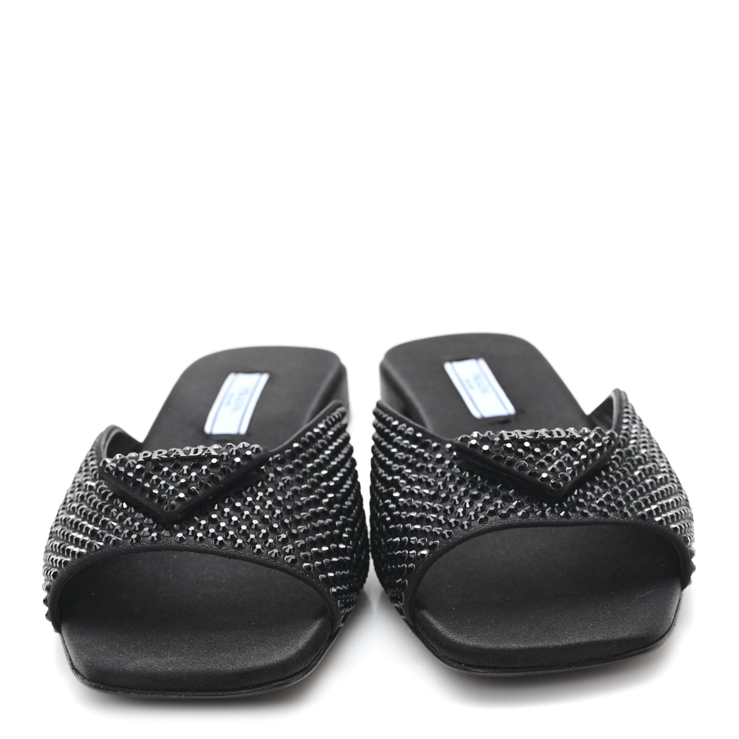Satin Crystal Logo 10mm Slide Sandals  35 Black