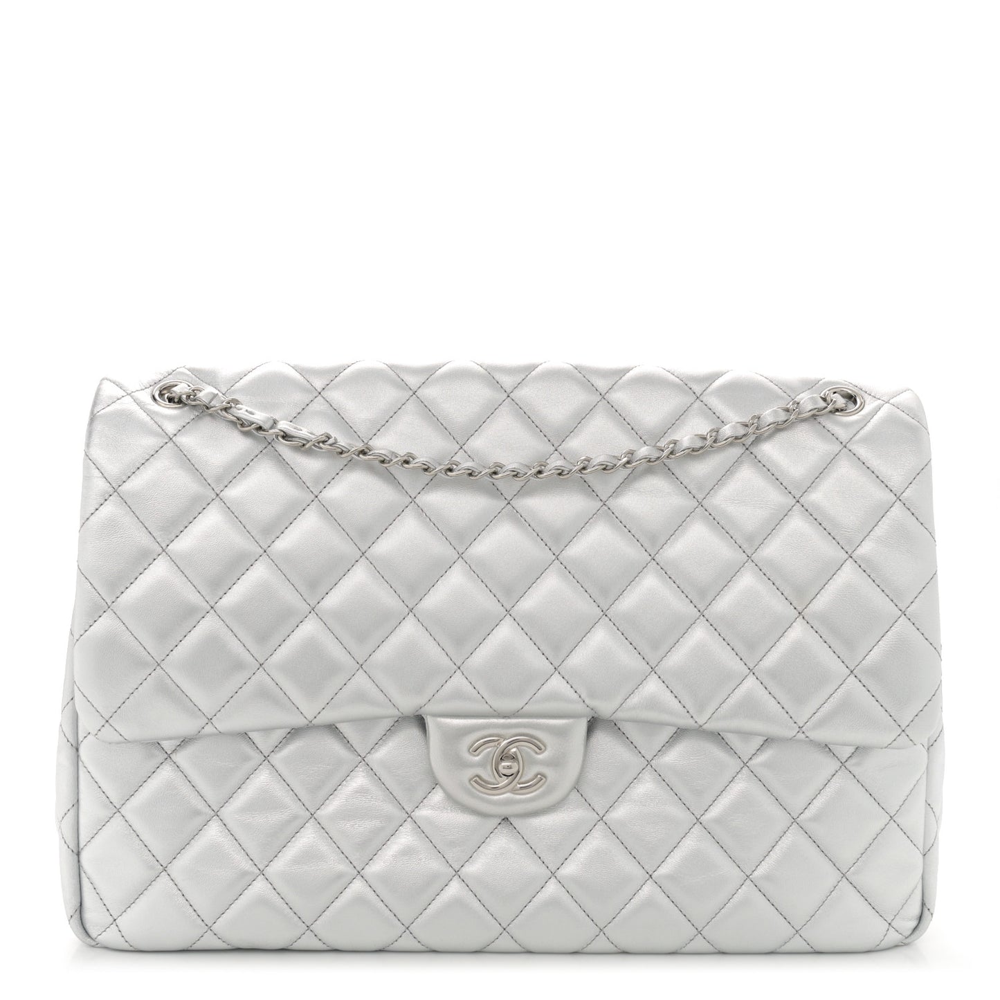 Metallic Lambskin Quilted XXL Travel Flap Bag Silver