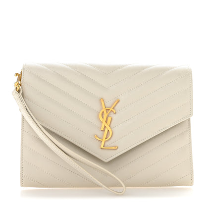 Saint Laurent Grain De Poudre Matelasse Chevron Monogram Envelope Clutch Crema Soft 1 of 13