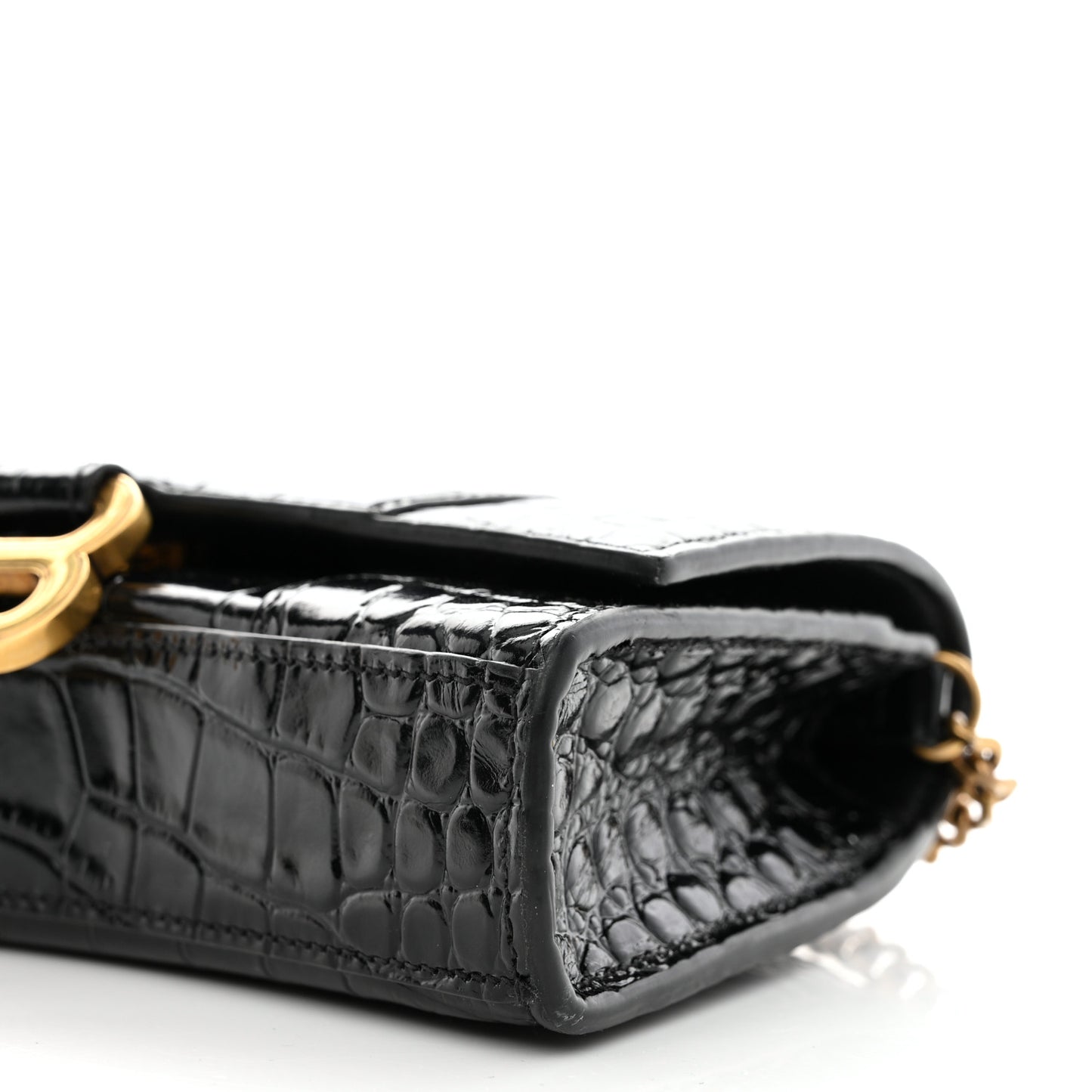 Shiny Calfskin Crocodile Embossed Hourglass Chain Bag Black