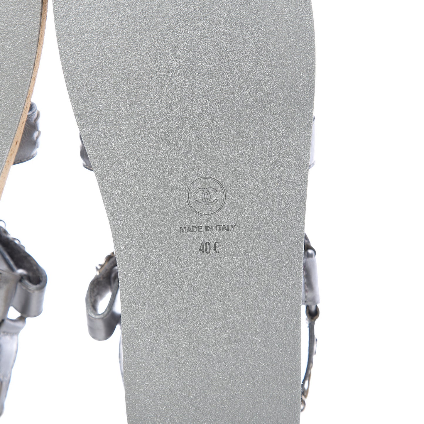 Metallic Calfskin Chain Flat Sandals 40 Silver