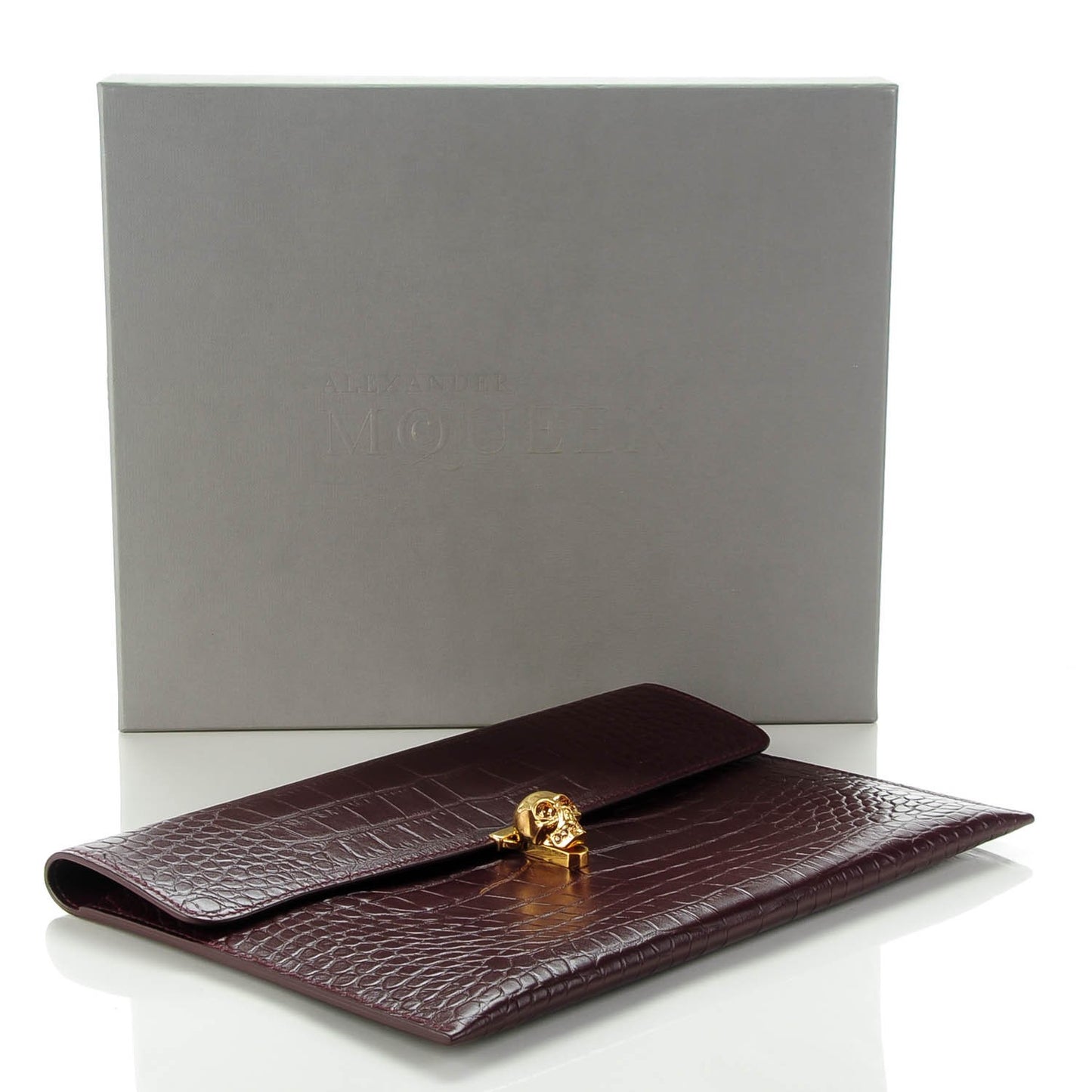 Calfskin Crocodile Embossed Skull Envelope Clutch Bordeaux