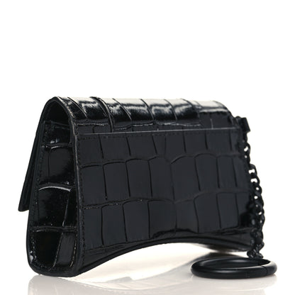 Balenciaga Shiny Calfskin Monochrome Crocodile Embossed Hourglass Chain Cardholder Black 3 of 10