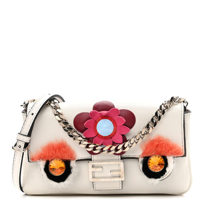 Fendi Shiny Nappa Rabbit Fur Crystal Flowerland Micro Buggie Baguette White 1 of 9
