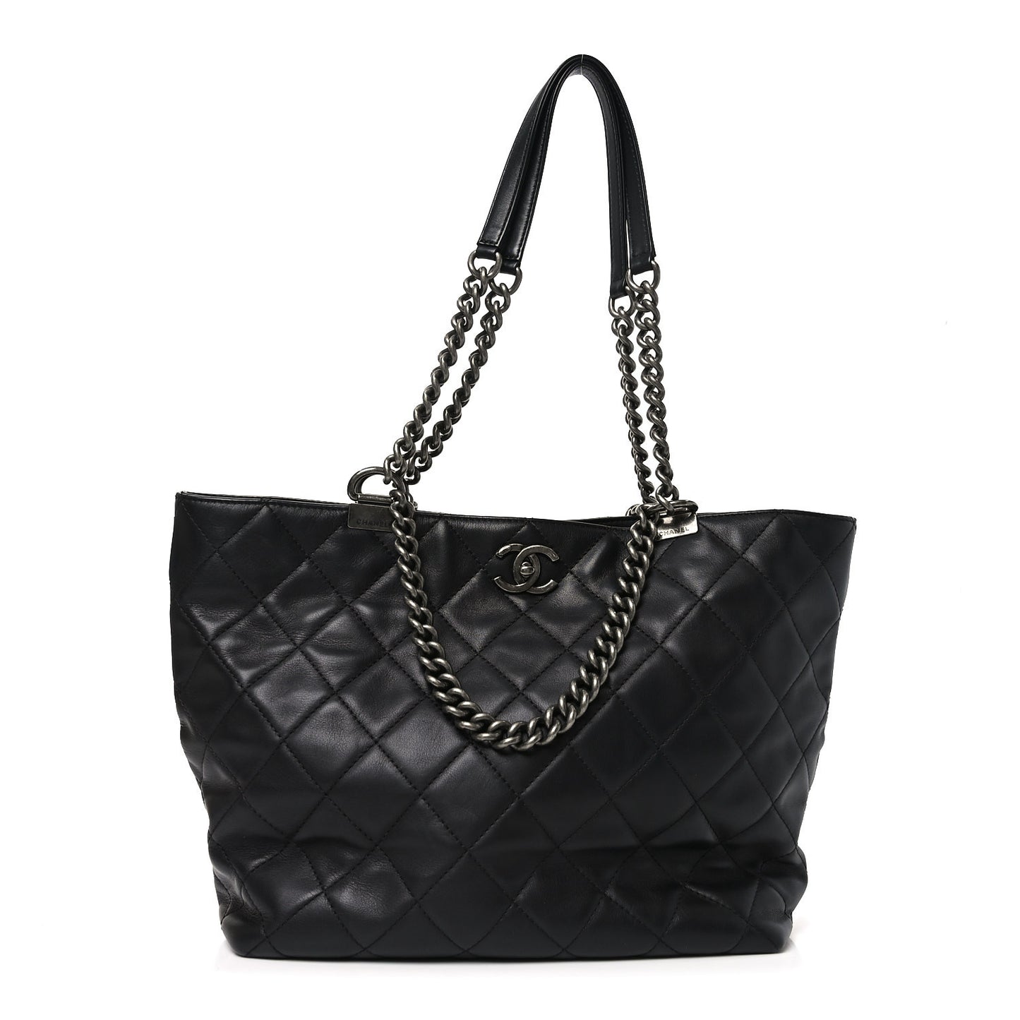 Calfskin Quilted Large Shopping In Chains Tote Black