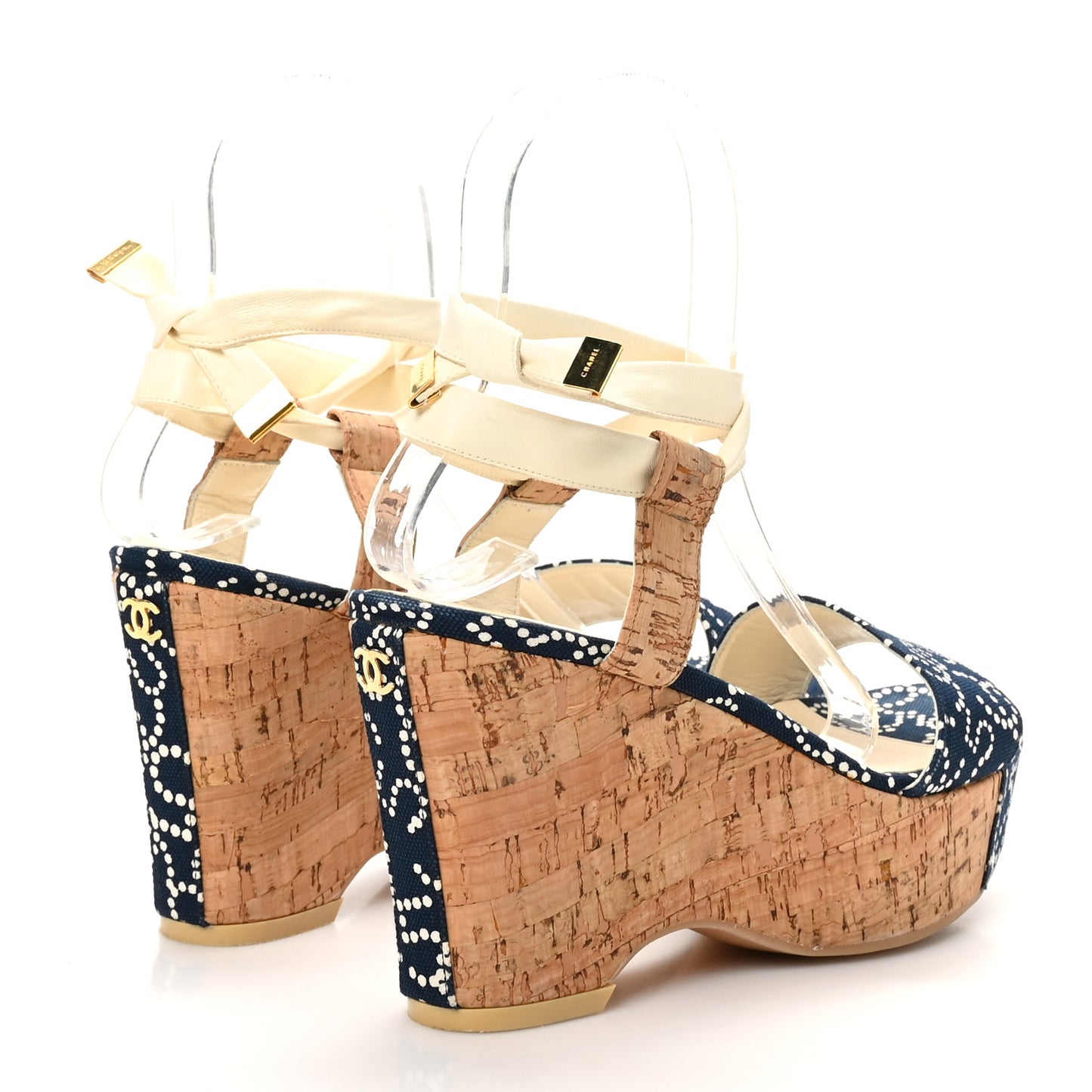 Canvas Lambskin Cork CC Wedge Sandals Navy Blue