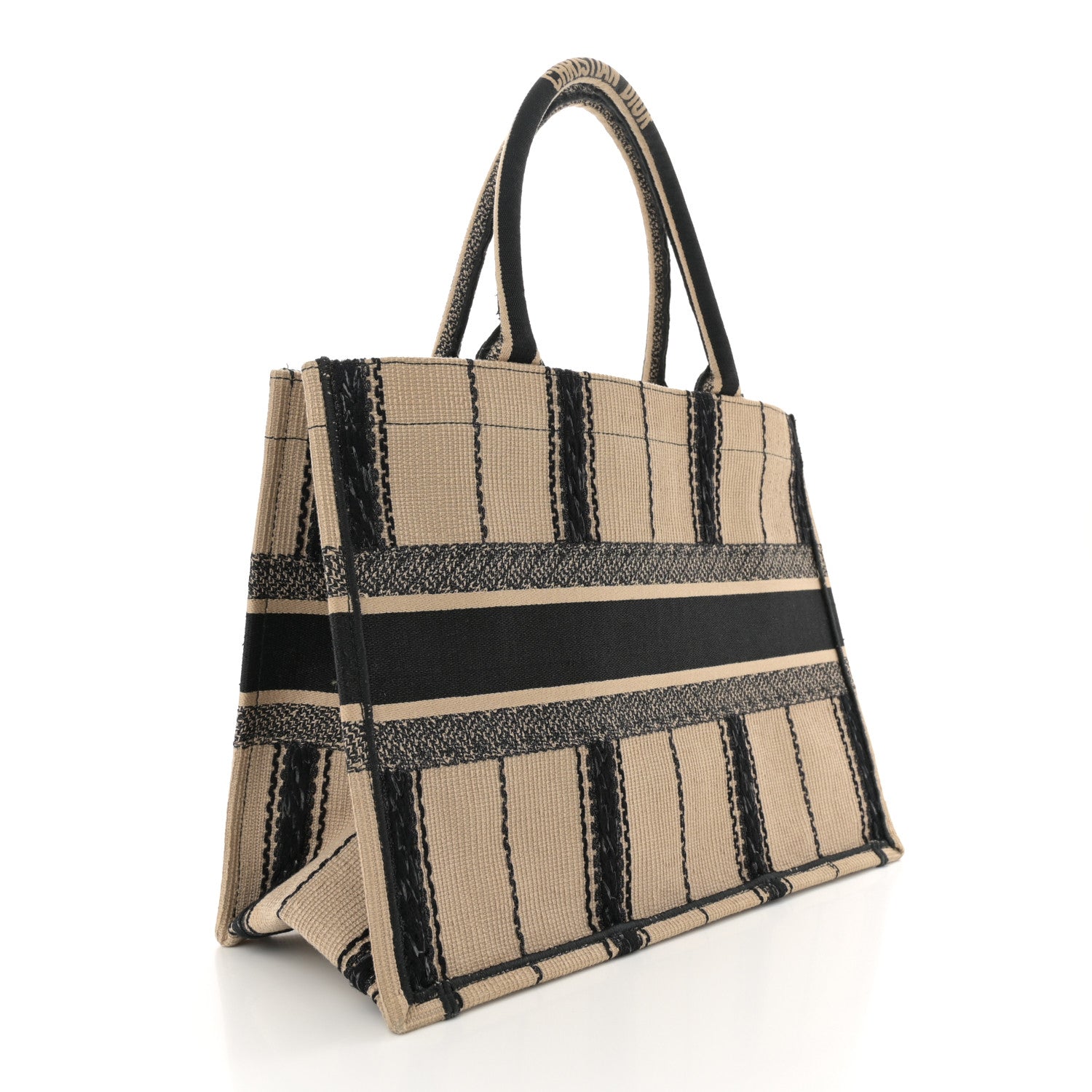 Christian Dior Canvas Embroidered Medium Bayadere Book Tote Black Beige 2 of 13