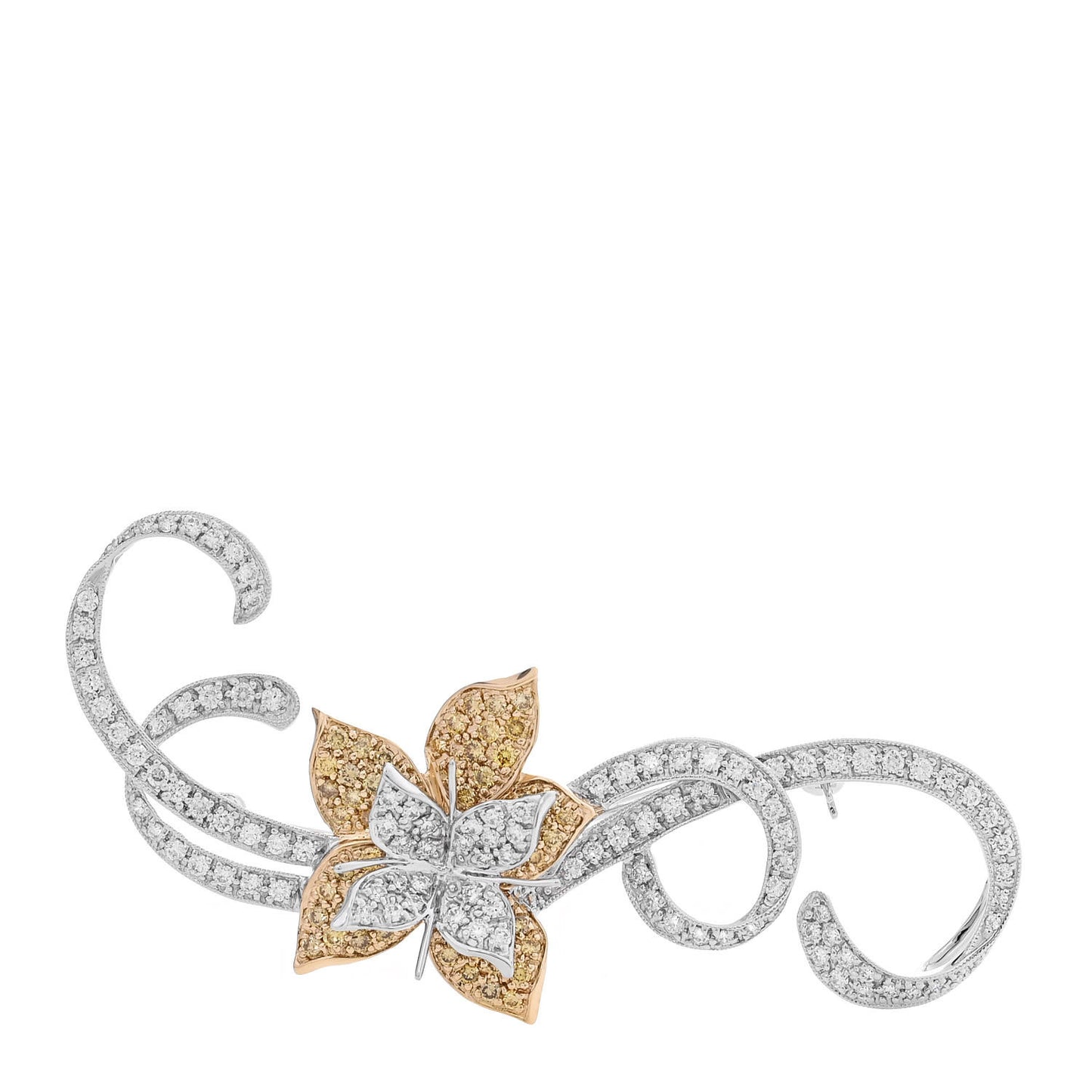 18K White Gold Yellow White Diamond 1.75ctw Floral Ribbon Brooch